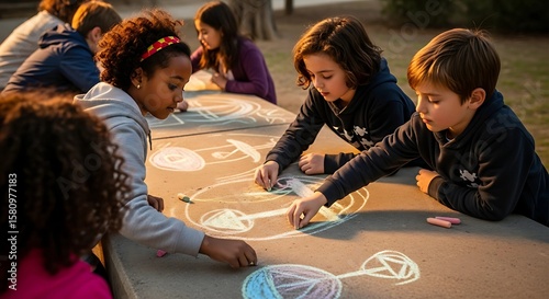 Children collaborate on a large chalk drawing outdoors, creating vibrant artwork together on a long table.