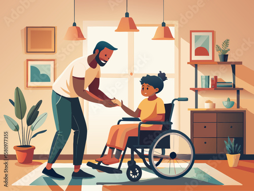 Caring Interaction: Supportive Father with Daughter in Wheelchair at Home