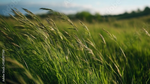 Green Grass Field Golden Reeds Swaying Breeze Nature Tranquil Environment