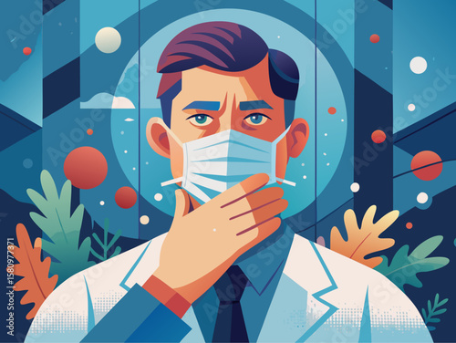 Healthcare Professional Wearing Mask Amid Nature-Themed Geometric Background