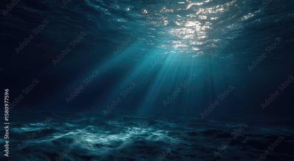 Obraz premium Underwater ocean floor with sunlight rays, deep blue water, tranquil ethereal atmosphere, vast landscape for backgrounds.