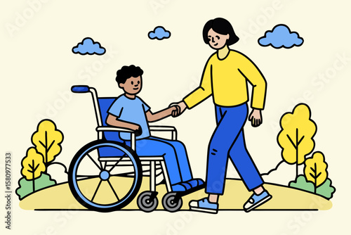 Supportive Friend Helping a Boy in Wheelchair Enjoy a Park Visit with Nature in Vibrant Illustration