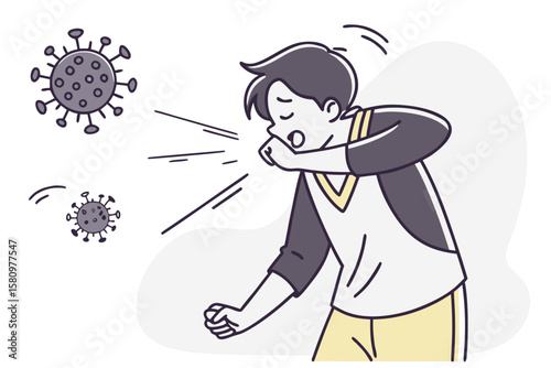 Young Person Sneezing Illustration Amidst Viruses: Focus on Hygiene and Health Awareness