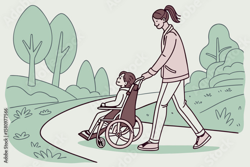 Outdoor Stroll: Caregiver Pushing Child in Wheelchair through Scenic Park Pathway