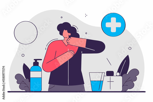 Healthcare Concept Illustration with Coughing Figure and Medical Supplies