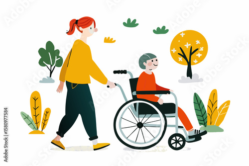 Cheerful Moment: Caregiver and Child in Nature Stroll with Wheelchair