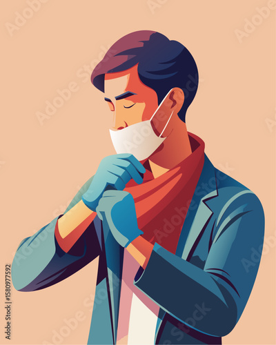 Man Wearing Mask and Gloves: Safety Precaution Concept in Modern Illustration
