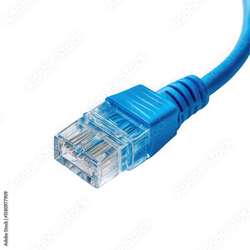 Close up of a bright blue ethernet network cable connector with clear plastic housing isolated on transparent background