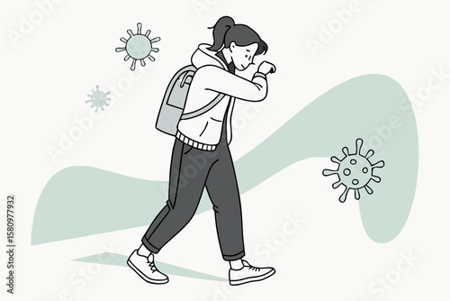 Woman Sneezing into Elbow in Virus Illustration, Highlighting Health Precautions and Hygiene Measures