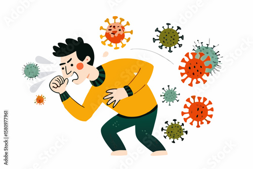 Illustrated Man Coughing with Viruses Surrounding Him, Representing Illness and Viral Spread