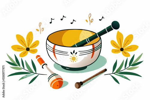 Vibrant Singing Bowl Composition with Floral Motifs and Pestles in Harmony