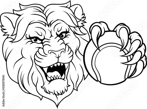 A lion with a tennis ball sports team animal cartoon mascot