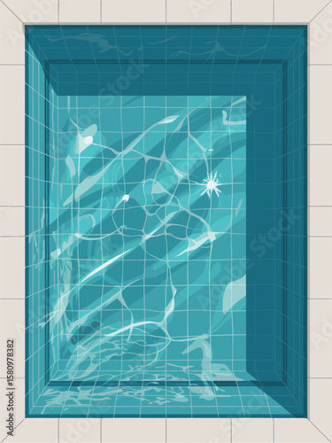 Flat vector illustration of a geometric turquoise swimming pool top view with caustic light patterns, clean white border, and minimal textured background for modern summer design.