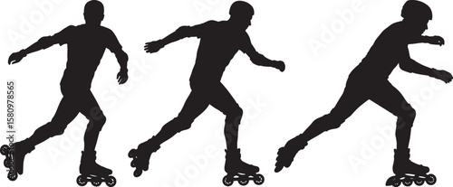 Three dynamic rollerblading poses captured in a striking black silhouette