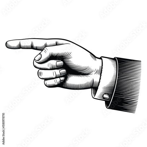Engraved Hand Pointing Left with Suit Sleeve in Black and White