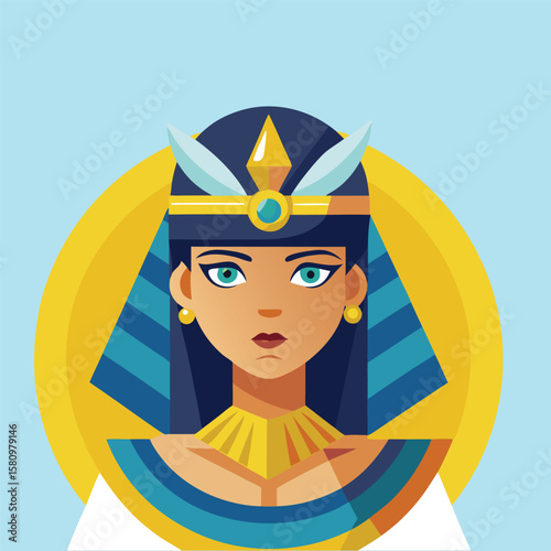Stylized egyptian queen with blue and gold headdress and jewelry against a warm yellow background
