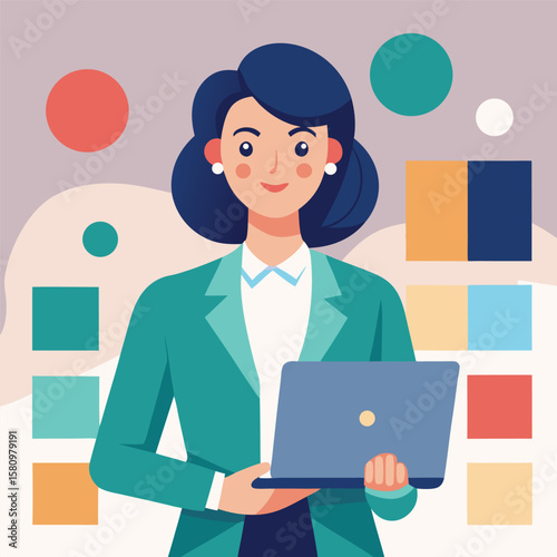 Professional woman with dark blue hair and teal blazer holding a laptop surrounded by color swatches and circles
