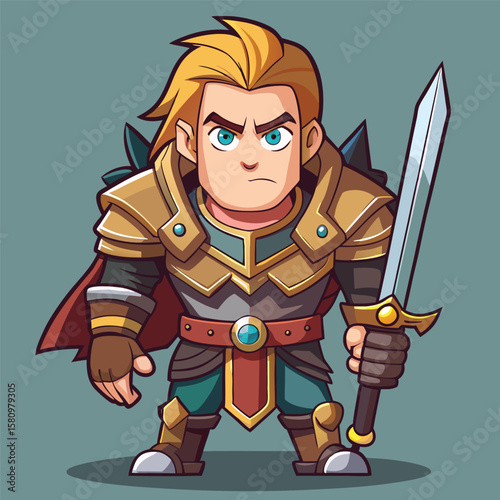 Chibi warrior with golden armor and sword ready for battle in a stylized fantasy illustration