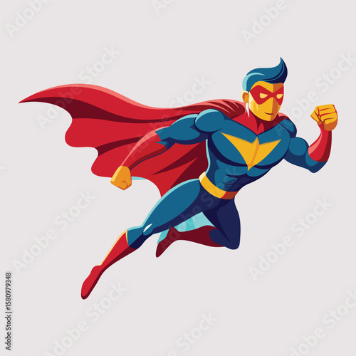 Dynamic superhero in flight with red cape and blue suit ready for action against a bright sky