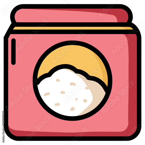 Minimalistic flat-style pink jar with dark lid, circular cut-out revealing white substance and yellow semi-circle, clean lines, plain white background.