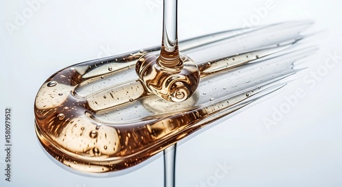 Amber liquid pours onto a translucent surface, creating glistening droplets and streaks.