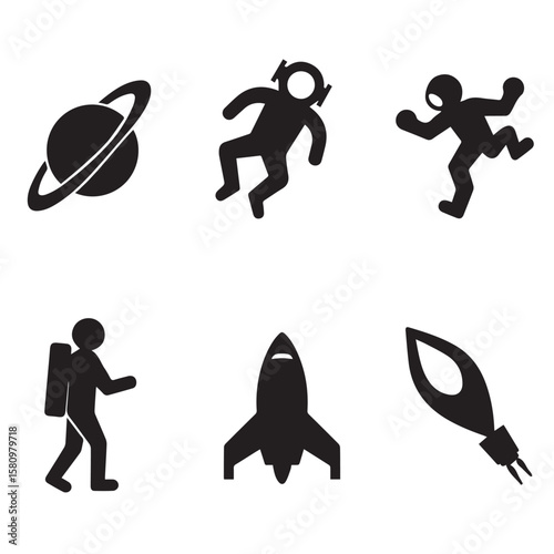 Collection of black silhouette icons representing space exploration including planets astronauts rockets and spacecraft elements