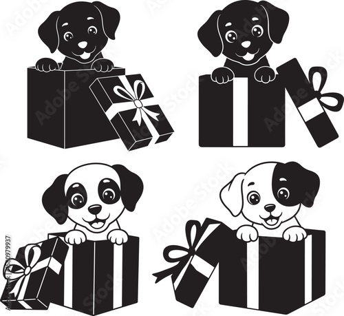 Four cute puppy dogs peeking out of gift boxes silhouette