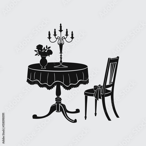 Elegant black silhouette of a round table with a floral arrangement and a chair with a bow