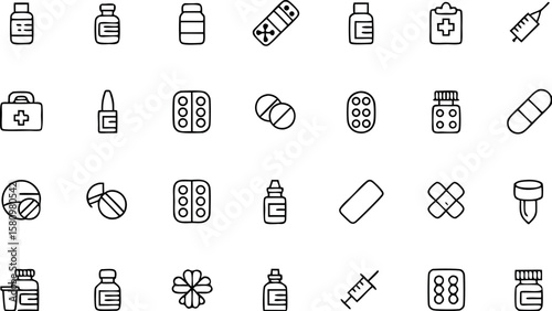 Assorted Medical Icons Set Depicting Pharmaceuticals Healthcare and First Aid Supplies Essential for Treatment and Well being
