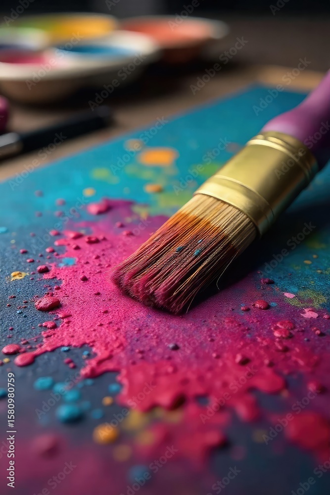 Fototapeta premium Artists Paintbrush on Textured Canvas A Close-Up of Artistic Dedication and Skill in a Vibrant Studio Setting