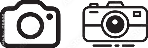 Two stylized black and white camera icons representing photography and visual creation isolated on transparent background