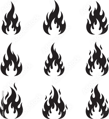 Here's a fiery collection of icons: vector symbols of burning flames and hot bonfires, designed with orange and yellow elements