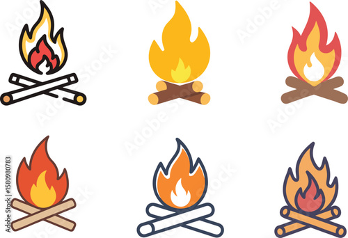 Set of Colorful Campfire Icons for Outdoor Design.