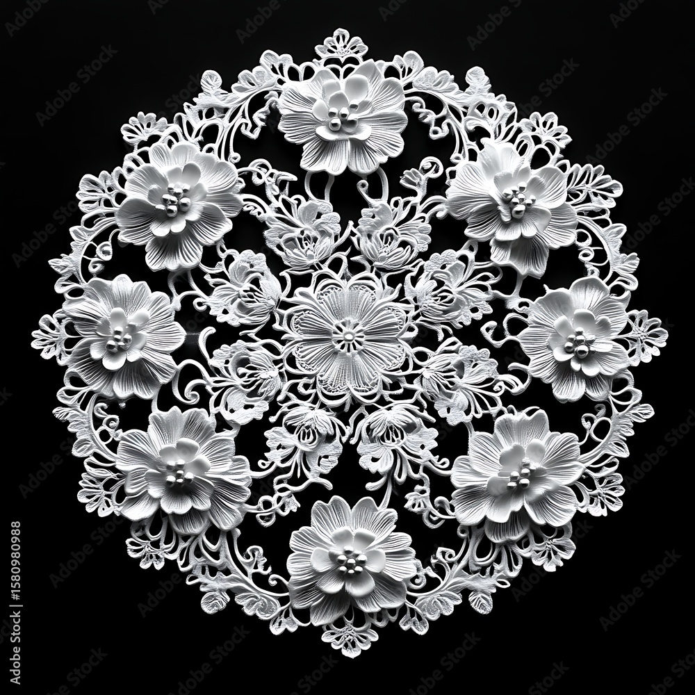 Fototapeta premium Ornate, circular, white floral design