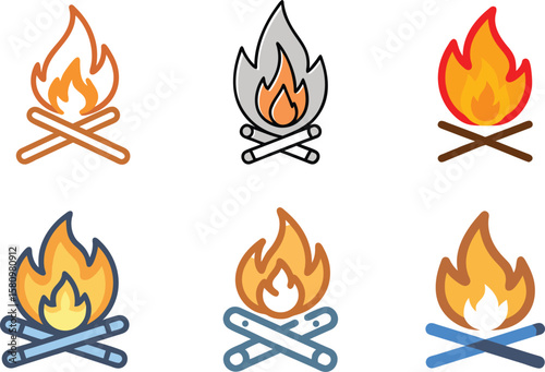 Set of Colorful Campfire Icons for Outdoor Design.