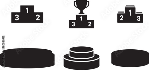 Collection of silhouettes of award pedestals and victory podiums with numbers and trophy isolated on transparent background