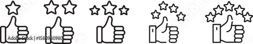 Progressive star rating system with thumbs up icons showing increasing customer satisfaction and feedback levels