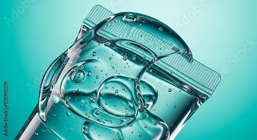 Close-up of translucent teal gel partially filling a flexible plastic pouch.