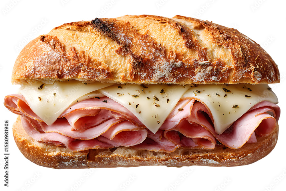 turkey ham sandwich with lettuce and tomato and melted cheese toasted bread, on clean white background. healthy breakfast food advertising photo turkey ham sandwich with lettuce and tomato and melted cheese toasted bread, on clean white background. healthy breakfast food advertising photo
