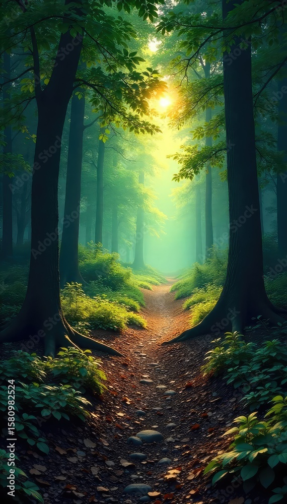 Naklejka premium Mysterious Forest Path Branching Footprints Lead to Shadowy Woods, Intriguing Light Filters Through the Trees, Suggesting Choices and Discovery