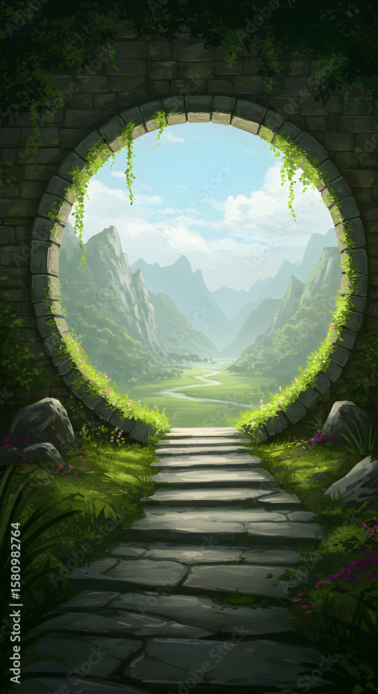 Obraz premium Discover serenity through this mystical stone archway leading to a breathtaking valley landscape