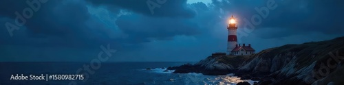 Wallpaper Mural Majestic Coastal Lighthouse Beam Cuts Through Night Sky, Illuminating Dark Ocean Waves. Dramatic Coastal Architecture, Powerful Light, Night Photography Torontodigital.ca