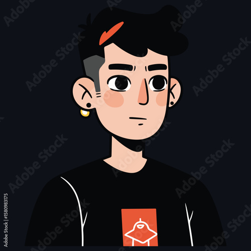 A vector illustration of a young man with a modern haircut, earring, and a distinct t-shirt design