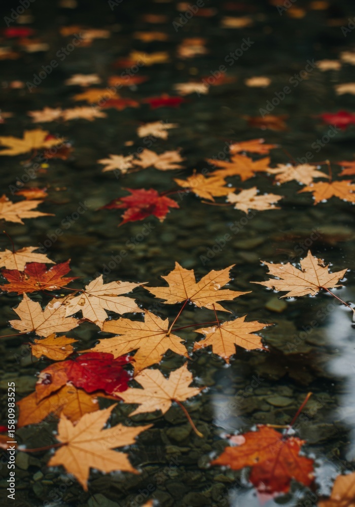 Fototapeta premium Autumn Maple Leaves Floating on Calm Water