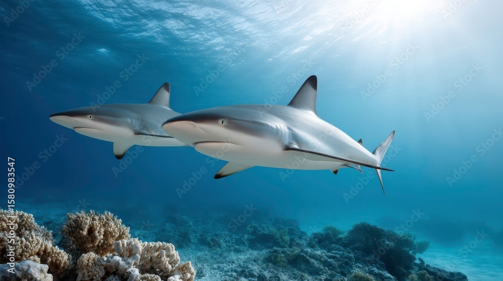 Fototapeta premium Sharks in Blue Sea: Underwater Wildlife, Ocean Life
