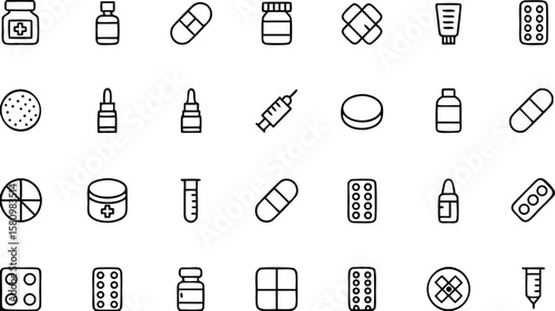 Collection of Health and Medical Outline Icons Depicting Various Forms of Medication and Treatment for Healthcare