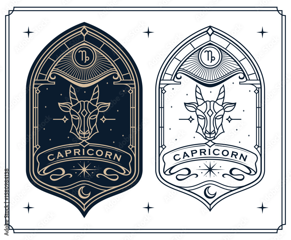 capricorn zodiac sign astrology cards set , horoscope, tarot, fortune teller. Vintage mystical illustration outline hand drawing, magical esoteric horoscope templates for wall print poster