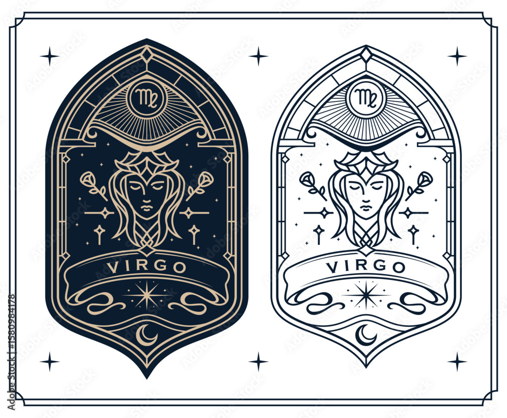 virgo zodiac sign astrology cards set , horoscope, tarot, fortune teller. Vintage mystical illustration outline hand drawing, magical esoteric horoscope templates for wall print poster