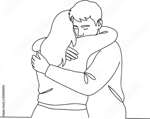 A vector illustration of two people embracing each other tightly symbolizing love comfort and emotional support in outline.