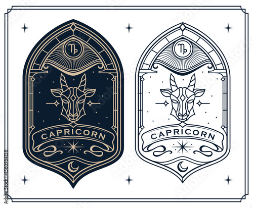 capricorn zodiac sign astrology cards set , horoscope, tarot, fortune teller. Vintage mystical illustration outline hand drawing, magical esoteric horoscope templates for wall print poster